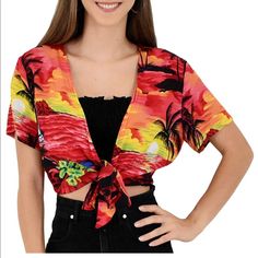 Brand New- Never Worn. One Size Fits All. Can Be Worn Over A Shirt, Bathing Suit, Bandeau, Etc. Flexible Length With Ties- Can Be Made Into A Crop Top, Deep V Crop, Or Bathing Cover. Soft Fabric. Very Light Weight! Tropical V-neck Top With Vibrant Print, Hawaiian V-neck Top With Tropical Print, Yellow V-neck Top For Beach Season, Fitted Tropical V-neck Top, Red V-neck Top For Beach Season, Multicolor Short Sleeve Tops For Vacation, Summer Hawaiian V-neck Top, Vibrant Yellow Floral Print Tops, Hawaiian V-neck Tops For Beach Season