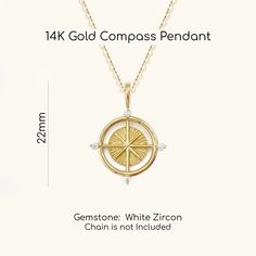 Inspired by seafaring, this unique and gorgeous carved compass pendant is crafted in 14K solid gold to be tarnish-proof and resilient for day-to-day wear. Made to Order. Ships within 3-4 weeks. - Pendant size: 22 x 17mm - Stone info: Zircon - Chain is not included and can be purchased separately. - Made in 14 karat gold. - Stamp with 14K. Compass Pendant, Jewelry Appraisal, Handmade Fine Jewelry, Gold Gift, Handmade Shop, Jewelry Care, Compass, Precious Metals, Lab Grown Diamonds