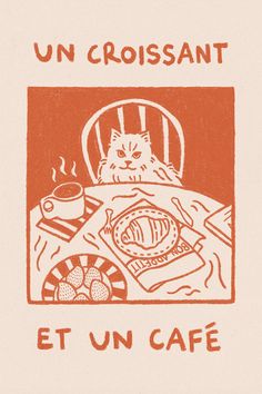 French Cafe Cat Print, Croissant Cafe Poster, Cute Cats Art, Coffee Lover Gift, Hand Drawn Decor Cat Illustration Funky, French Cafe Poster, Wall Posters Living Room Art Prints, Cafe Posters Coffee Art Prints, Cat Posters Art Prints, Cat Coffee Illustration, Handdrawn Posters, Cute Room Posters, Posters For Print