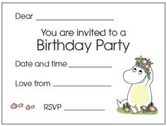 a birthday party card with a cartoon character on it