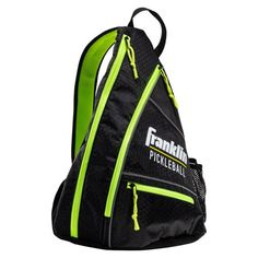 a black backpack with neon green trims on the front and back straps, featuring franklin's pickleball logo