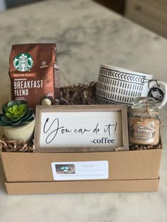 a box filled with coffee and other items