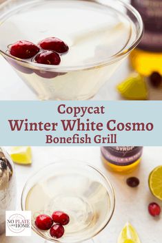 This is a TASTY copycat of the Bonefish Grill Winter White Cosmopolitan cocktail made with elderflower syrup, vodka, orange liqueur, white cranberry juice and lime juice. It's a very popular drink! Click over to my site to get the exact recipe ratio and printable recipe that includes a pitcher recipe! I also have garnish ideas for how to drink this yummy drink anytime of year. #cosmo #alcoholicdrinks #christmas Winter White Cosmo, Elderflower Syrup, Vodka Orange, Cosmo Recipe, Winter Cocktails Recipes, Cosmopolitan Cocktail, Alcohol Beverages, White Cranberry Juice, Bonefish Grill