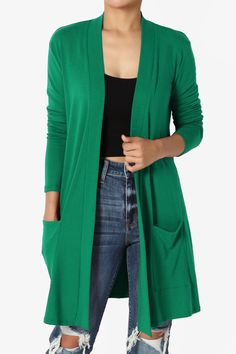 Daday Long Sleeve Pocket Open Front Cardigan PLUS Trendy Relaxed Fit Cardigan With Pockets, Trendy Solid Color Relaxed Fit Cardigan, Trendy Open Front Cardigan With Pockets, Versatile Solid Color Long Sleeve Cardigan, Casual Solid Color Cardigan For Work, Casual Green Workwear Cardigan, Trendy Green Cardigan For Layering, Green Solid Color Spring Cardigan, Solid Color Open Front Relaxed Fit Cardigan