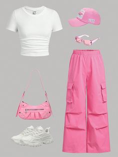 Hot Pink Casual Collar   Plain  Embellished Non-Stretch  Women Clothing Cute Middle School Outfits, Preppy Outfits For School, Preppy Summer Outfits, Cute Dress Outfits, Casual Preppy Outfits, Trendy Outfits For Teens, Cruise Outfits, Traje Casual, Cute Preppy Outfits