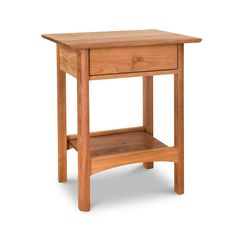 a small wooden table with one drawer on the top and two shelves below it, against a white background