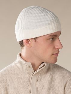 These Aurélien Hat Ivory White for Men  symbolize Mediterranean style and ultimate comfort. A combination of traditional details and a contemporary twist. This model is made in  Cashwool Soft as Cashmere. The  Hats are made entirely by hand in Italy. For exclusive, luxurious and handmade Italian Hats you've come to the right place at Aurélien! Italian Hat, Ribbed Hat, White Italian, Luxury Hats, Mediterranean Style, Ivory White, Knitwear, Cashmere, In Italy