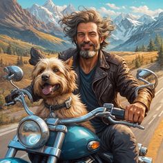 a man riding on the back of a motorcycle next to a dog