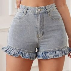 Ruffled Hem Shorts. Light Blue. Blue Denim Ruffled Bottoms, Casual Blue Jeans With Ruffles, Denim Blue Ruffled Jeans For Summer, Denim Blue High Waist Ruffled Bottoms, High Waist Denim Blue Ruffled Bottoms, High Waist Ruffled Denim Blue Bottoms, High Waist Medium Wash Ruffled Bottoms, Summer Denim Bottoms With Ruffles, Trendy Denim Ruffles Bottoms