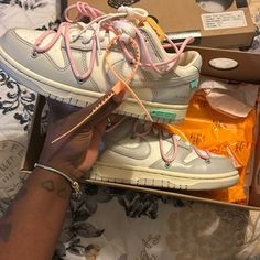 Grey, White, And Pink. Designer White Sneakers For Spring, Offwhite Dunks, Off White Dunks, White Dunks, Dunks Outfit, Colorful Sneakers, Off White Shoes, Swag Shoes, Custom Sneakers