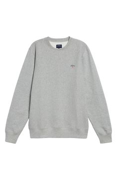 A subtle embroidered logo brands this classic crewneck sweatshirt cut from brushed-back cotton fleece. 26" length (size Medium) Crewneck Ribbed cuffs and hem 100% cotton Machine wash, tumble dry Made in Canada Designer Clothing