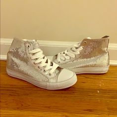 “Gotta Flurt” Label On Lip And Heel Of Shoe White Laces Brand New Sequin Converse, Shoes Silver, Converse Sneakers, Silver Sequin, Womens Shoes Sneakers, White Lace, Sequin, Converse, Shoes Sneakers