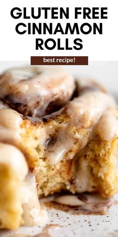 gluten - free cinnamon rolls with icing on top and the words, best recipe