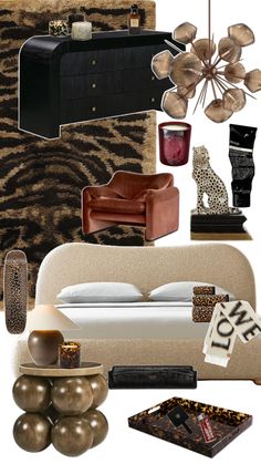 a collage of furniture and accessories including a bed