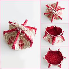 four images show how to make an origami heart - shaped box with ribbon