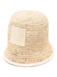 beige raffia woven design leather trim logo patch to the front flat crown dropped narrow brim unlined pull-on style Bucket Hat White, Raffia Hat, Bucket Hat Women, Woven Design, Crossbody Tote, Leather Logo, Laid Back Style, Metal Hardware, Leather Accessories