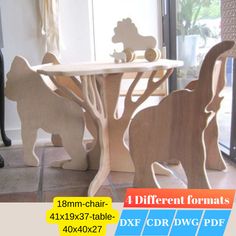 the table and chairs are made out of wood with different animals on each one side