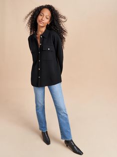 Jane Jacket – La Ligne Trendy Business Casual Outerwear, Business Casual Long Sleeve Sweater Coat, Button-up Sweater Coat For Workwear, Wool Sweater Coat With Button Cuffs, Chic Long-sleeved Shacket With Flap Pockets, Chic Relaxed Fit Single Breasted Outerwear, Chic Single-breasted Relaxed Fit Outerwear, Chic Long Sleeve Shacket With Flap Pockets, Trendy Single Breasted Shacket For Work