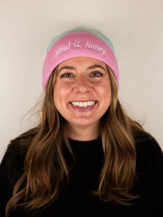 Hit the slopes, the trail, or the town in style with this adorable ribbed knit beanie in a fun two-tone pink and blue color, adorned with embroidered 'send it, honey.' One size fits most. Material has some stretch. Ski Like a Girl was established in 2017, in Bozeman, Montana, by longtime Heyday collaborator, Kimmie. The Ski Like a Girl line of apparel, accessories, and stickers is designed to push the boundaries and encourage women and girls to get into the mountains and enjoy the outdoors. Proudly printed in Bozeman, Montana. Ribbed Knit Beanie, Honey Candy, Bozeman Montana, Women Encouragement, Like A Girl, The Trail, Knit Beanie, Cotton Candy, The Outdoors