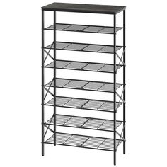 a metal shelf with four shelves on each side and one shelf below it, in black