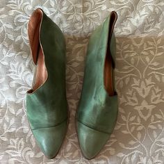 Reposhing This Item I Purchased From @Kiarahurt. They’re Beautiful But Too Small For Me- Don’t Try To Buy These If You’re Actually A Size 11 Happy To Post More Pictures If Anyone’s Interested. Questions? Leave A Comment Below! Spring Leather Heels With Snip Toe, Green Leather Boots For Summer, Green Leather Summer Boots, Summer Leather Slip-on Boots, Summer Slip-on Leather Boots, Green Leather Shoes With Pointed Toe And Rubber Sole, Green Heels With Leather Sole And Flat Heel, Green Flat Heels With Leather Sole, Casual Green Slip-on Boots