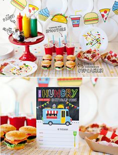 a birthday party with food and cupcakes