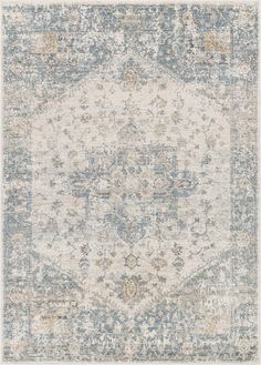 an area rug with blue and beige colors