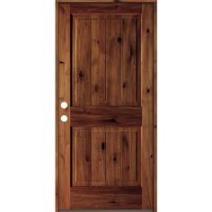 a wooden door with two knobs on the side and one in the middle, against a white background