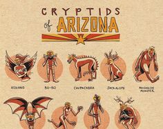 an old poster shows the various types of people in their own bodysuits, with text that reads cryptids of arizona