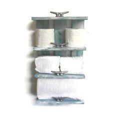 a bathroom shelf with three rolls of toilet paper hanging on it's sides and two towel bars attached to the wall