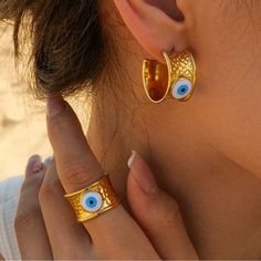 Boho Evil Eye Hoop Earrings In Gold Tone Hardware Stainless Steel 18k Gold Plated The Color Is More Like The First Picture New (Boutique Packaging) **Let Me Know If You Like To Bundle With Another Listing! **I Always Accept Reasonable Offers Cute Earrings Cute Jewelry Dainty Jewelry Summer Vacation Cute Outfits Trendy Jewelry Formal Jewelry Wedding Earrings Lovers Gift Holiday Gift Gift For Her Tags : Anthro Anthropologie Free People We The Free Zara Zara Jewelry Lili Pulitzer Kendra Scott 8 Oth Formal Jewelry, Evil Eye Design, Wedding Types, Devil Eye, Evil Eye Earrings, Anthropologie Jewelry, Eye Earrings, Eye Design, Design Set