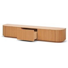 the sideboard is made from wood and has two drawers on one side, with an open