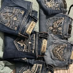 8pair Of Rock Revival & Miss Me Jeans $100 Each Missme Jeans Outfits, Anaya Core, Mexican Jeans, Miss Me Jeans Outfit, Darker Outfits, 2000 Jeans, Raw Hem Flare Jeans, 2000s Rock, Rock Revival Jeans Women