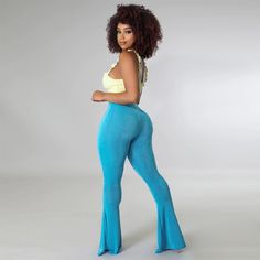 Solid Color Slim Fit High Waist Flare Pants Casual Wide Leg Summer Leggings, Spring High-cut Leg Bottoms, Casual High-waisted Summer Leggings, Casual Blue High-cut Leg Bottoms, Spring Casual High-cut Leg Pants, Casual High-cut Leg Pants For Spring, High-cut Leg Summer Loungewear Bottoms, Casual High-cut Leg Spring Bottoms, High Waist Summer Leggings