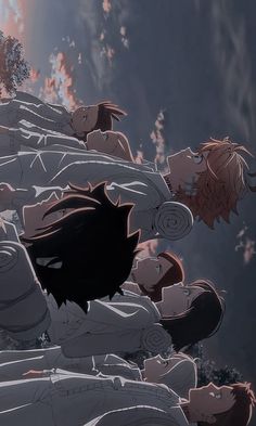 an anime scene with many people laying on the ground and one person standing in front of them