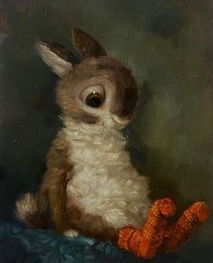 a painting of a rabbit with carrots in it's paws, sitting on a blue cloth