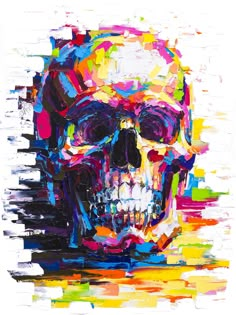 a colorful painting of a skull on a white background