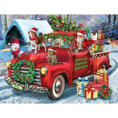 a painting of santa's express delivery truck with dogs and presents