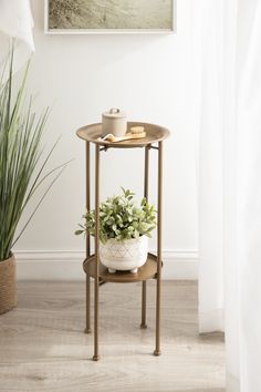 a potted plant sitting on top of a metal stand next to a white wall