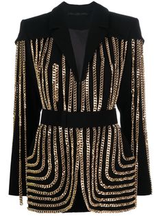 black chain-link detailing front button fastening long sleeves tailored cut gold-tone hardware Patches On Blazer, Black And Gold Clothes, Blazer With Chains, Black And Gold Outfits, Black Gold Outfit, Chain Blazer, Gold Chain Dress, Black And Gold Fashion, Jean Louis Sabaji