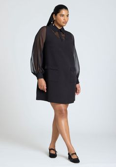 Sheer Sleeve Shirt Dress Black Chiffon Shirt Dress, Semi-formal Long Sleeve Shirt Dress With Placket, Chic Black Shirt Dress With Button Closure, Oversized Black Long Sleeve Shirt Dress, Chic Button-up Shirt Dress With Hidden Closure, Cape Sweater Ponchos, Wrap Dress Casual, Pleated Skirt Dress, Linen Mini Dress