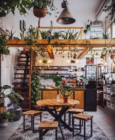 an indoor cafe with potted plants hanging from the ceiling and tables in front of it