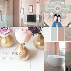 pink bathroom with gold accents and white bathtub in the center, rose - colored rugs on the floor