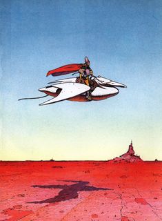 a man flying through the air while riding on top of a white object in front of a red sky