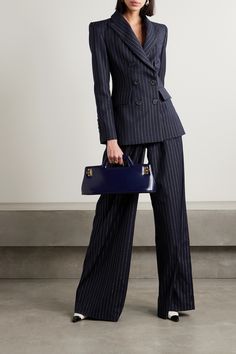 EXCLUSIVE AT NET-A-PORTER. Alex Perry re-imagines the classic pinstriped blazer with a glamorous twist. Flecked with lustrous silver threads that sparkle in the light, this double-breasted style is made from navy twill and has padded shoulders contrasted by a nipped-in waist. Wear yours with the coordinating pants. Pinstripe Suit Women, Edgy Work Outfits, Outfit Mit Blazer, Estilo Kardashian, Pant Suits For Women, Woman In Suit, Casual Party Outfit, Blazer Jackets For Women, Alex Perry