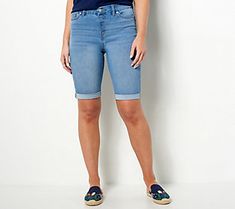 Bermuda shorts are a summer staple. And these Bermuda shorts -- with an easy stretch fabrication and stylish rolled cuffs -- fit every suns-out scenario.  The BBQ: wear them while enjoying a grilled burger and cool drink. Enhance this fab short with an Americana-themed tee and slide sandals, and get your yard-game on!  The beach vacation: pull them on before you bike into town for an omelet and fresh-squeezed juice. Just add sneakers and a zip-up jacket (in case there's a chill from that ocean b Yard Game, Semi Casual, Easy Stretches, Bermuda Short, Comfy Dresses, Casual Dinner, Omelet, Summer Staples, Rolled Hem