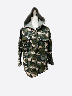 H&M Divided Canvas Camo Print Hooded Jacket Button Front Square Pockets Size 8. Great used condition. No visible flaws, stains or defects. Please see pics for full product condition. Gray sweatshirt hood Button Front Side pockets 2 bust pockets 100% cotton Measurements Chest 21” Length 29” V-55 Gray Sweatshirt, Jacket Buttons, Camo Print, Pocket Size, Grey Sweatshirt, Hooded Jacket, Hooded Sweatshirts, Camo, H&m