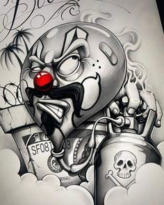 a drawing of a cartoon character with a red nose and mustache on it's face