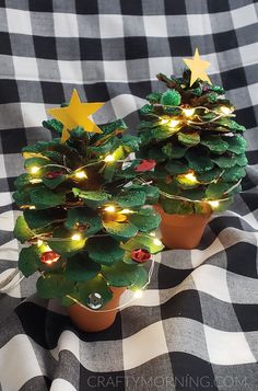 two potted plants with christmas lights on them sitting on a checkered table cloth