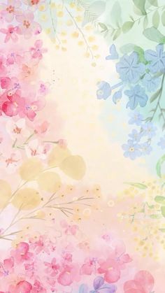 an abstract painting with flowers and leaves in pastel colors on a white background,